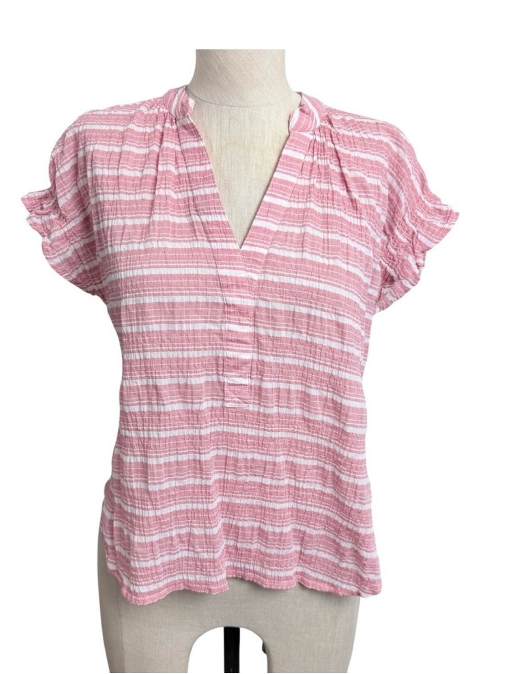 Anthropology Pilcro Pink and White Striped Split-Neck Flutter Sleeve Top Size Sm